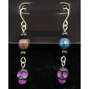 Handmade Purple & Black Skull with Oil Slick Black Bead Earrings by Neanie-Bot